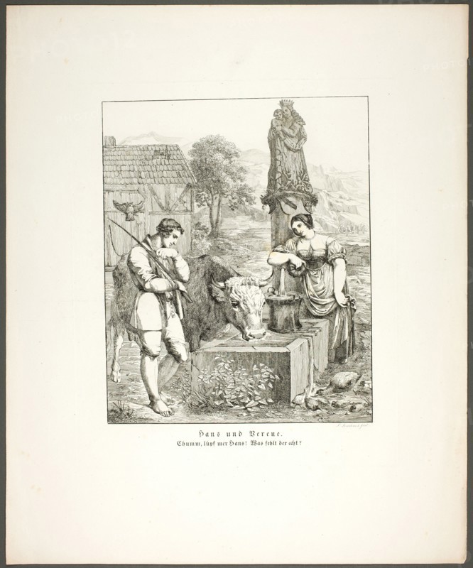 Hans and Verene, plate five from Zehn Blätter zu Hebels Alemannischen Gedichten, 1820. Creator: Sophie Reinhard.
