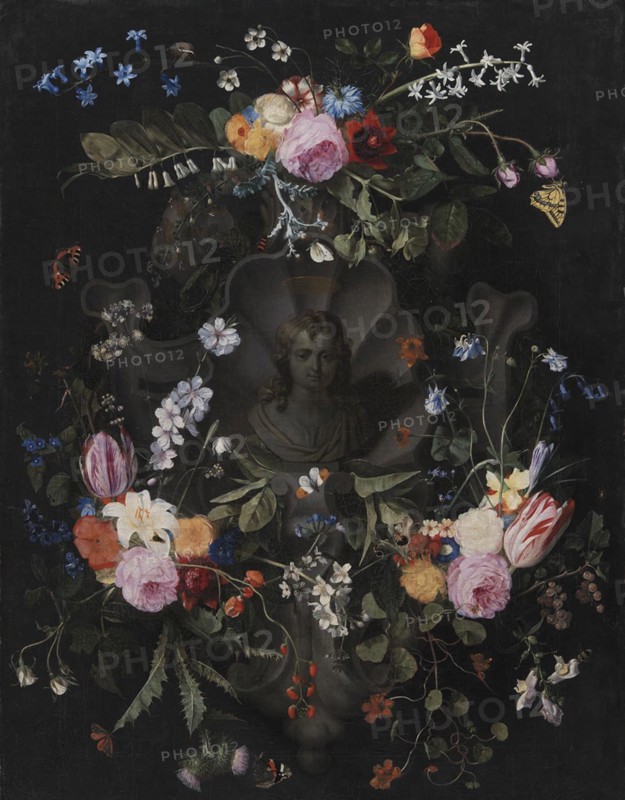 Cartouche with Bust of Christ Surrounded by a Garland of Flowers, 1659. Creator: Andries Bosman.