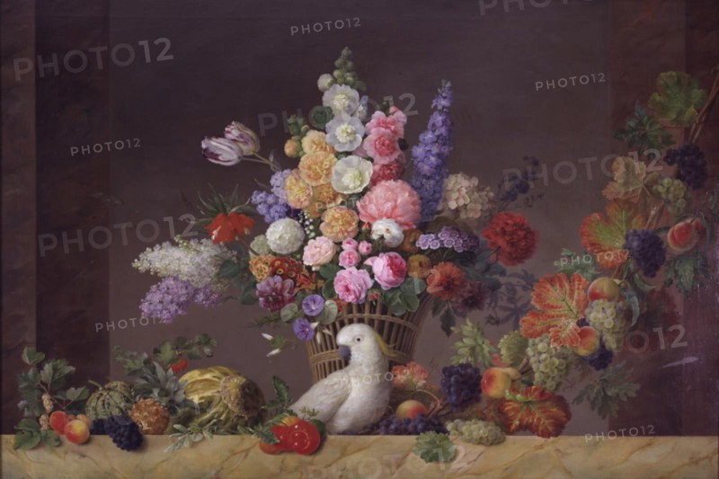 A basket of flowers, a cockatoo and a fruit vine, 1829. Creator: Johannes Ludvig Camradt.