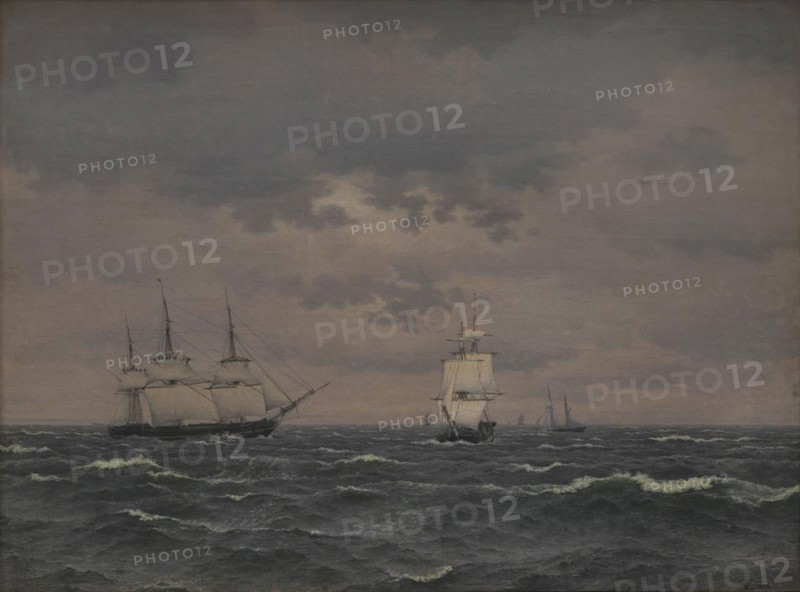 A Frigate Reefing Sails in a Freshening Wind and some other Ships, 1836. Creator: CW Eckersberg.