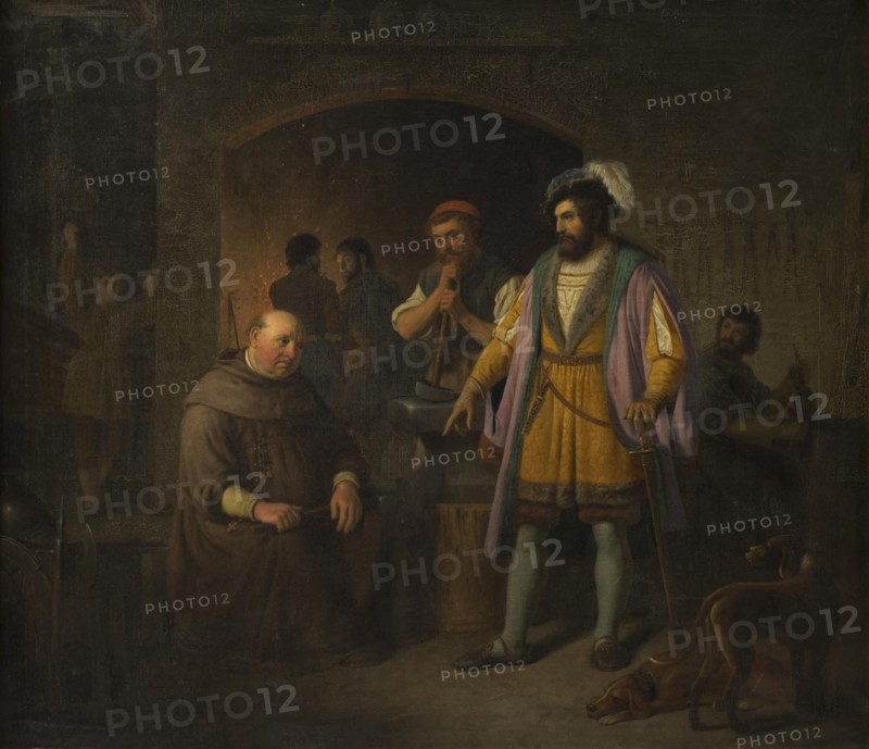 Jens Holgersen Ulfstand cures the abbot of Bækkeskov of his obesity by forcing him to work..., 1845. Creator: Peter Raadsig.