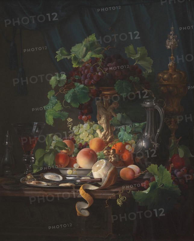 Arrangement with wine glasses, oysters, lemon and other fruits, 1848. Creator: Carl Balsgaard.