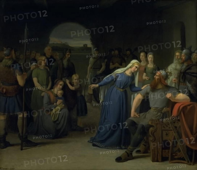 The Danish Queen Thyra Danebod Trying to Soften the Heart of her Husband, Gorm the Old..., 1849. Creator: Julius Exner.
