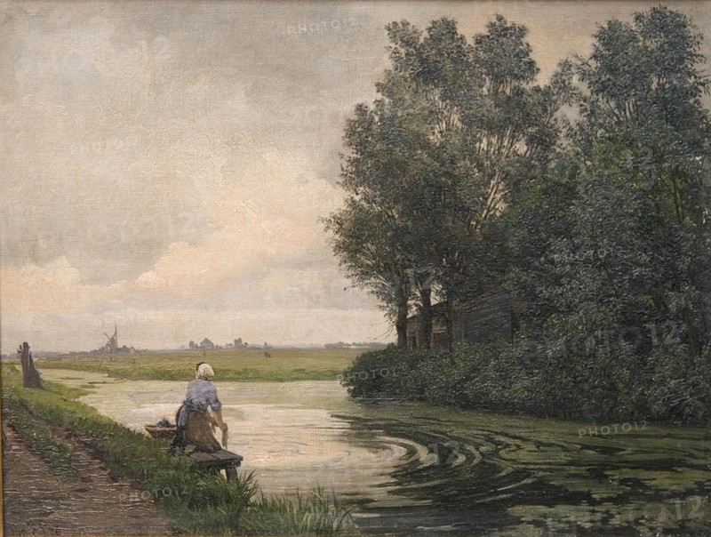Dutch landscape; a girl washes by a canal, 1876. Creator: Edvard Frederik Petersen.