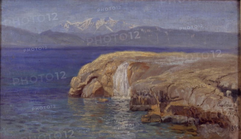 Rocky coast with waterfalls on Euboa, 1893. Creator: Thorvald Niss.