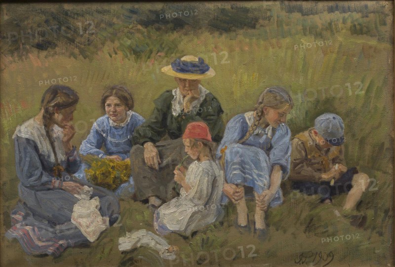 Rest in the meadow; The artist's wife and children, 1909. Creator: Joakim Skovgaard.