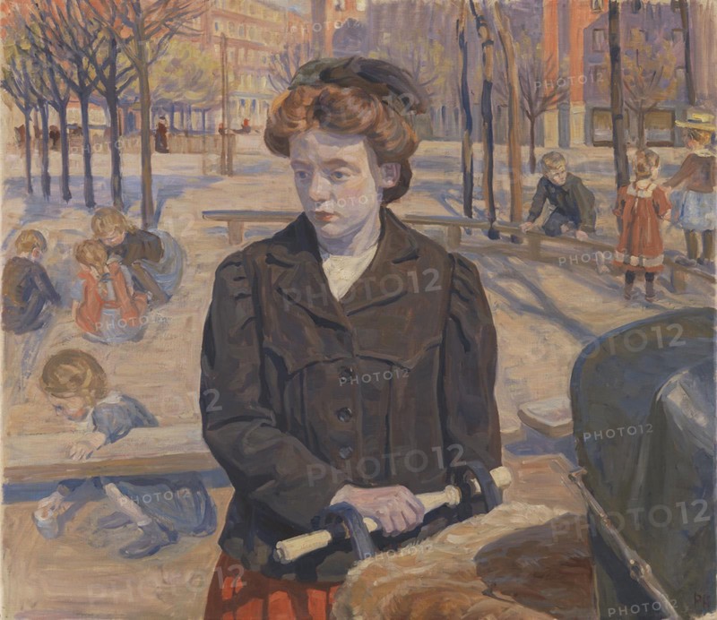 Spring; Young girl with a pram, 1910. Creator: Peter Hansen.