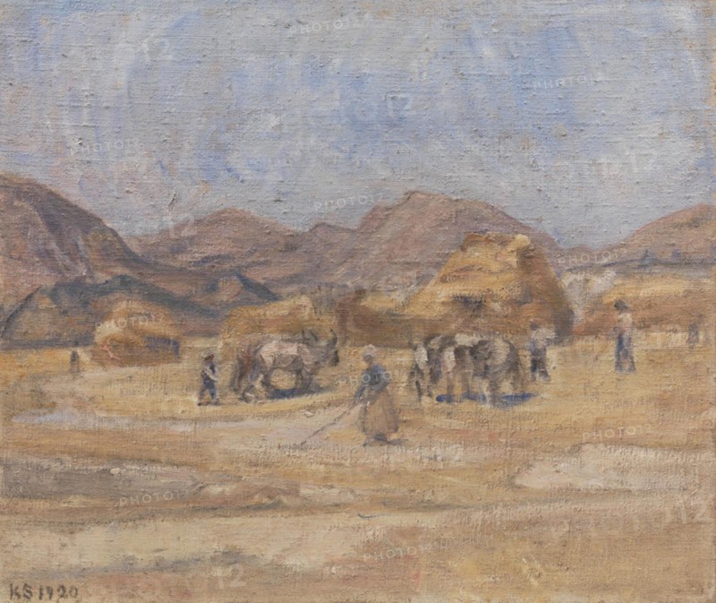 The threshing floor at Cività d'Antino; La battitura del grano a Cività d'Antino, 1920. Creator: Karl Schou.