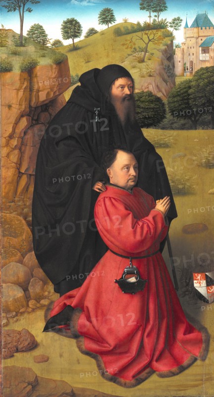 Altar Panel with a Portrait of a Donor in Scarlet under the Protection of St Anthony, 1448-1451. Creator: Petrus Christus.
