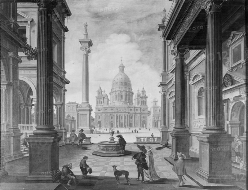 Square in front of a Renaissance Church (Saint Peter's Basilica, Rome), 1623. Creators: Bartholomeus van Bassen, Esaias van de Velde.
