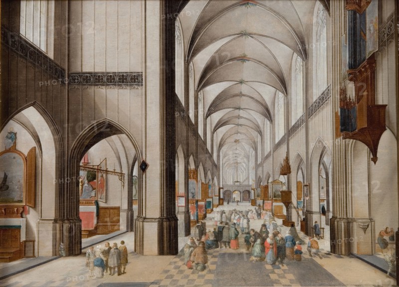 Interior of a Three-Aisled Gothic Church during a Sermon, 1628-1631. Creators: Peeter Neeffs the Elder, Follower of Jan Brueghel the Elder.