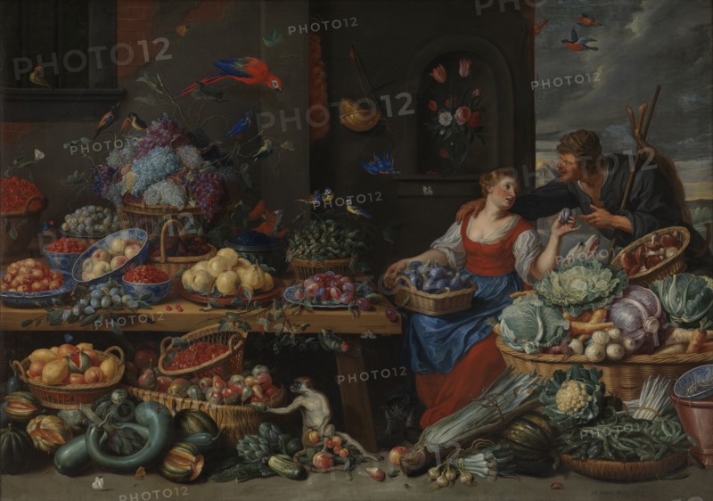 Fruit and Vegetable Market with a Young Fruit Seller, 1650-1660. Creator: Jan van Kessel.