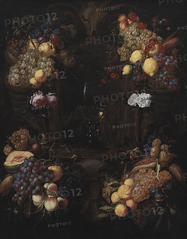 Cartouche with Garlands of Fruit and a Wine Glass, 1651-1750. Creator: Alexander Coosemans.