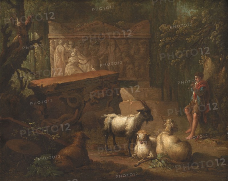 Overgrown ruins, with shepherd and goats in foreground, 1745-1786. Creator: Johan Edvard Mandelberg.