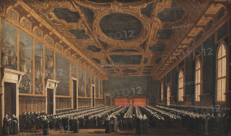 The Doge and Grand Council in Sala del Maggior Consiglio, 1761-1765. Creator: Canaletto.