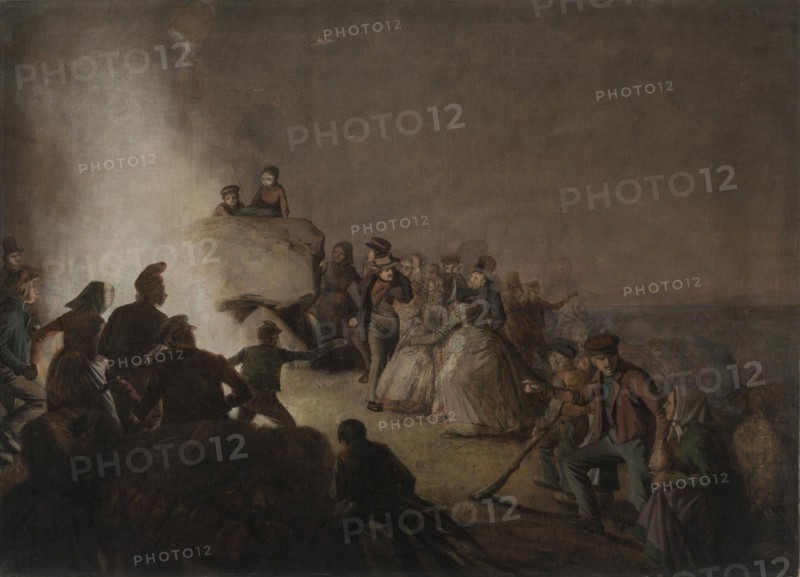 Peasants dance around a fire on a hillside, Saint John's Eve, 1816-1890. Creator: Jorgen Sonne.