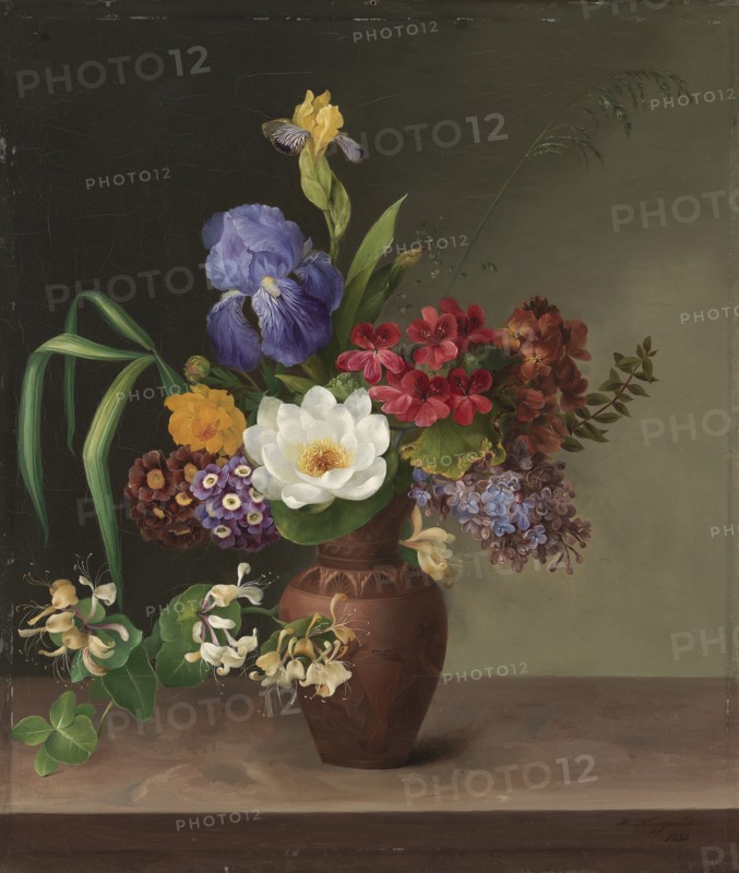 Greek-style vase with iris, sorrel and honeysuckle, 1831. Creator: Hermania Neergaard.