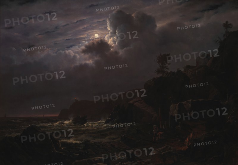 View of Kullen in Sweden, Smugglers Hiding their Goods among the Rocks, Moonlight, 1834. Creator: Louis Gurlitt.