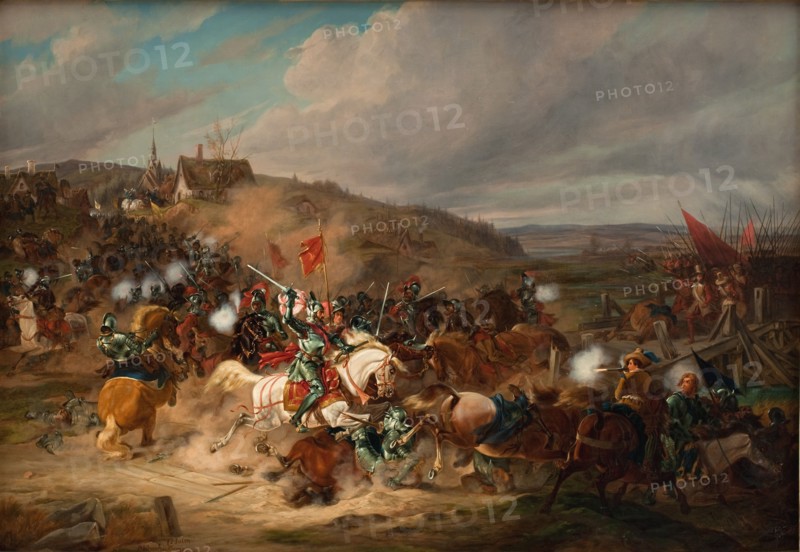 Daniel Rantzau fighting Tureby Bro in Skåne during the Seven Years' War, 1563-1570, (1837-1838). Creator: Christian Frederik Carl Holm.