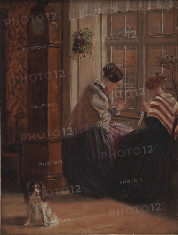 To damer sidder ved et vindue og syr, 1839-1911. Creator: Christian Rudolph Vogelsang.