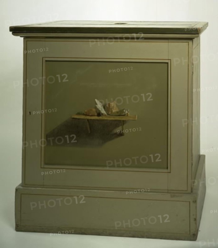 Console Cupboard with af painted motif, shelf with stones, 1840-1939. Creator: Christen Kobke.
