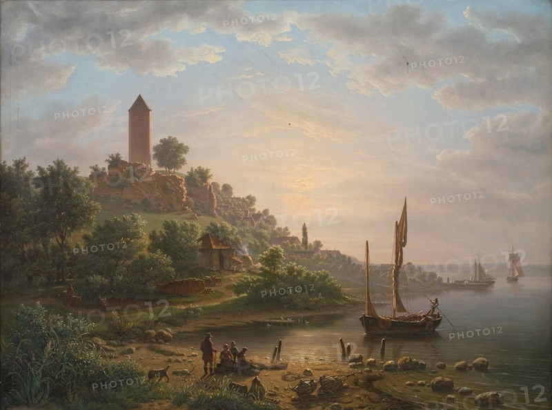 The coast at Vordingborg with the Goose Tower (Gåsetårnet), early morning, 1848. Creator: Jens Peter Møller.