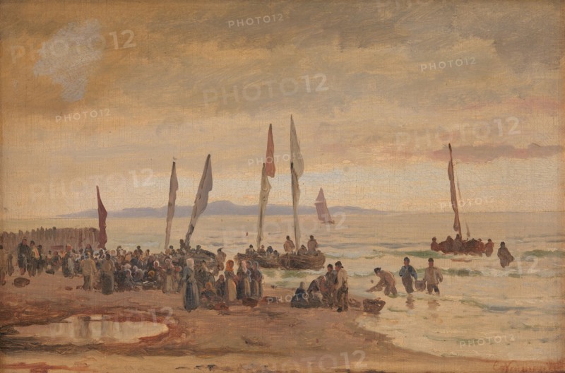 Returning fishermen are received at Hornbæk Strand, 1848-1891. Creator: Carl Neumann.