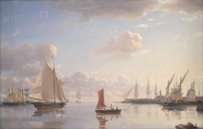 View from Langelinie towards the Royal naval Dockyards at Nyholm, Copenhagen, Morning Light, 1850. Creator: Emanuel Larsen.