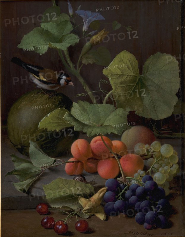 Still Life with Fruits and a Goldfinch, 1855. Creator: Otto Didrik Ottesen.