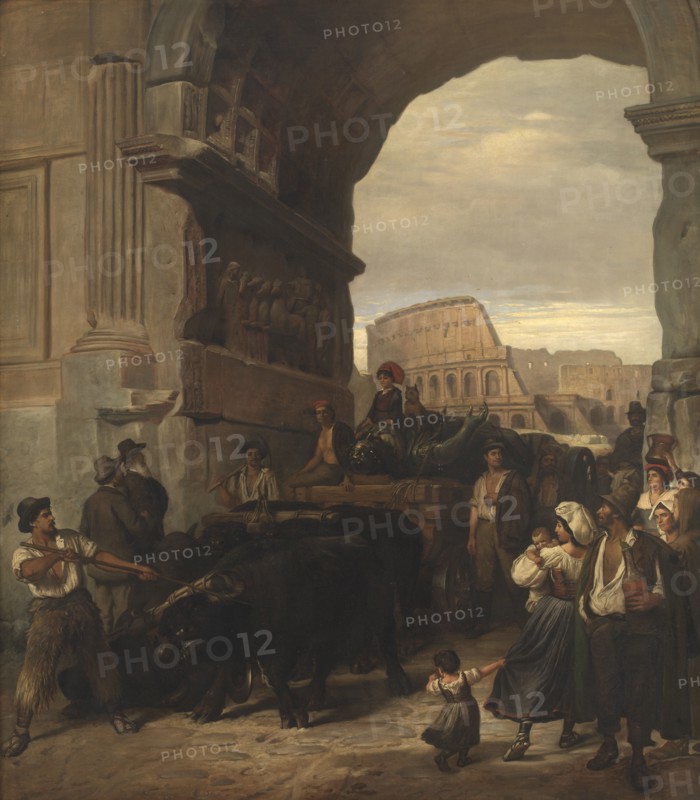 Roman Workmen Transporting an Antique Imperial Statue from the Colosseum through the..., 1866-1867. Creator: Ludvig Abelin Schou.