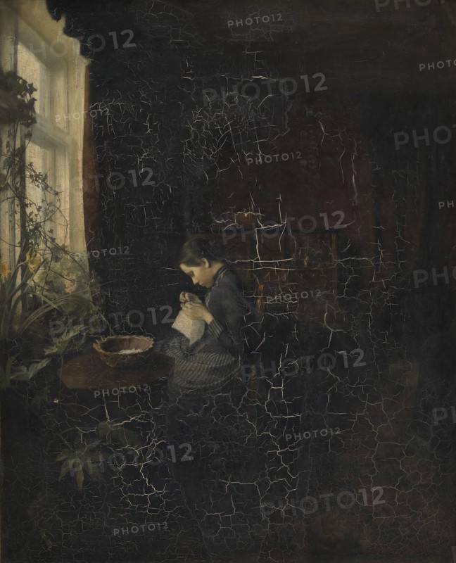 Interior with a Girl Sewing, 1888. Creator: Carl Holsoe.