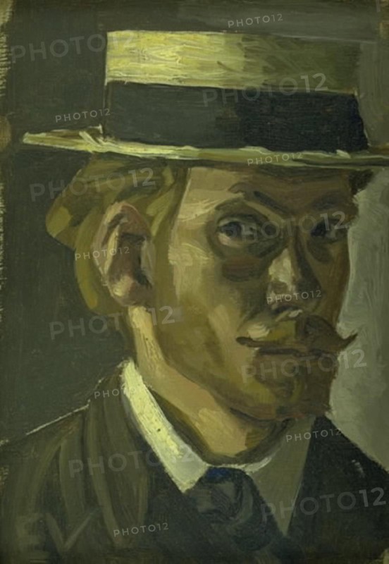 Self-Portrait with a Straw Hat, 1907-1908. Creator: Edvard Weie.