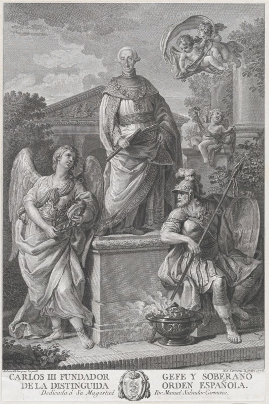 Allegorical portrait of Carlos III standing on a pedestal flanked by figures (War and Peac..., 1778. Creator: Manuel Salvador Carmona.