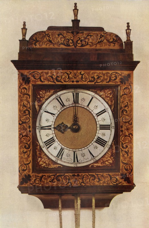 'Thirty-Hour Striking Hanging Clock in Inlaid Marqueterie Case', 1947. Creator: Unknown.