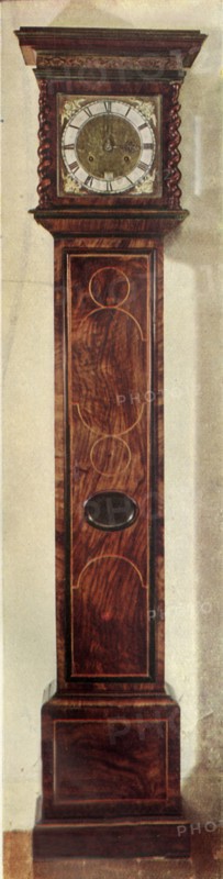 'Early Long-Case Clocks - Thirty-hour, ten-inch dial clock. Walnut veneer and inlaid boxwood stringi Creator: Unknown.