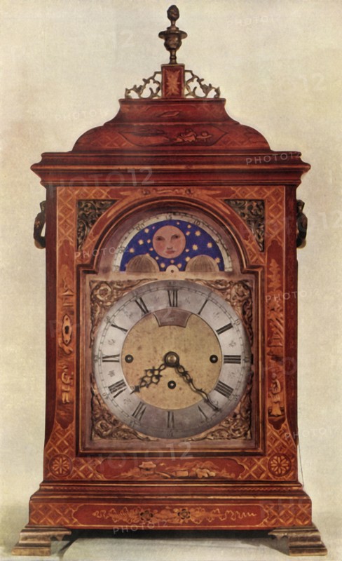 'Chiming Mantel Clock with Moon-Work in Red and Gold Lacquer Case', 1947. Creator: Unknown.