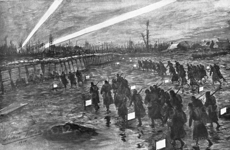 'Sur le front Britannique; Devant Neuve-Chapelle: le rassemblement nocturne de l'infanterie', 1915 Creator: Frederick Villiers.