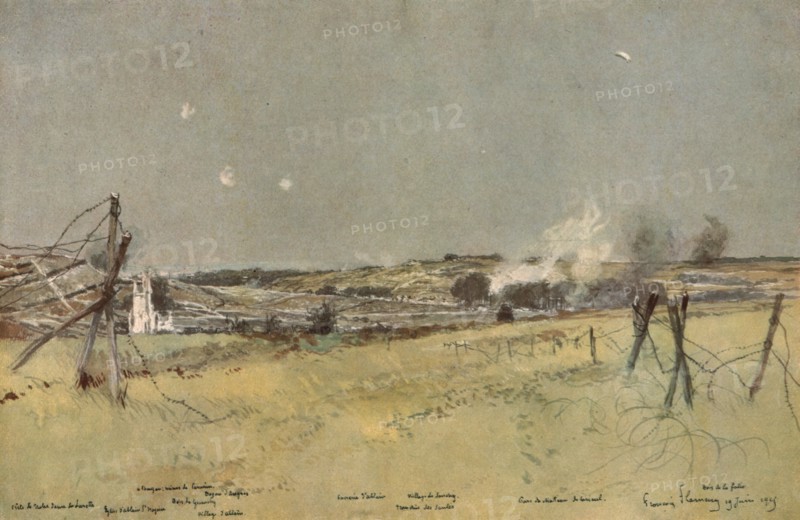 ''Les Batailles de l'Artois; L'Eglise d'Ablain et les Fonds de Souchez', 1915. Creator: Francois Flameng.