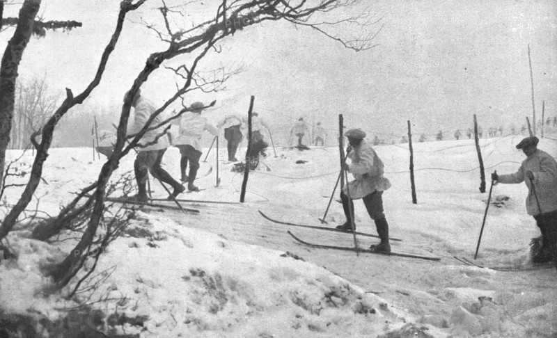 'Dans la meme region, nos alpins skieurs ont ete pourvus de blanches tuniques..., 1915 (1924) Creator: Unknown.