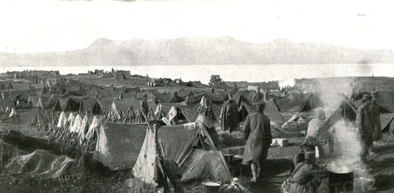 ''Corfou, Base Serbe; Un camp serbe devant Corfou, sur l'ilot de Vido', 1916 (1924) Creator: Unknown.