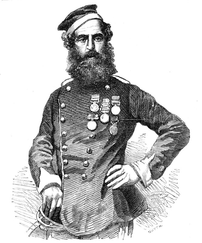 Private John Penn, 17th Lancers, with Eleven Honours, from the Crimea, from a photograph by Mayall,  Creator: Smyth.