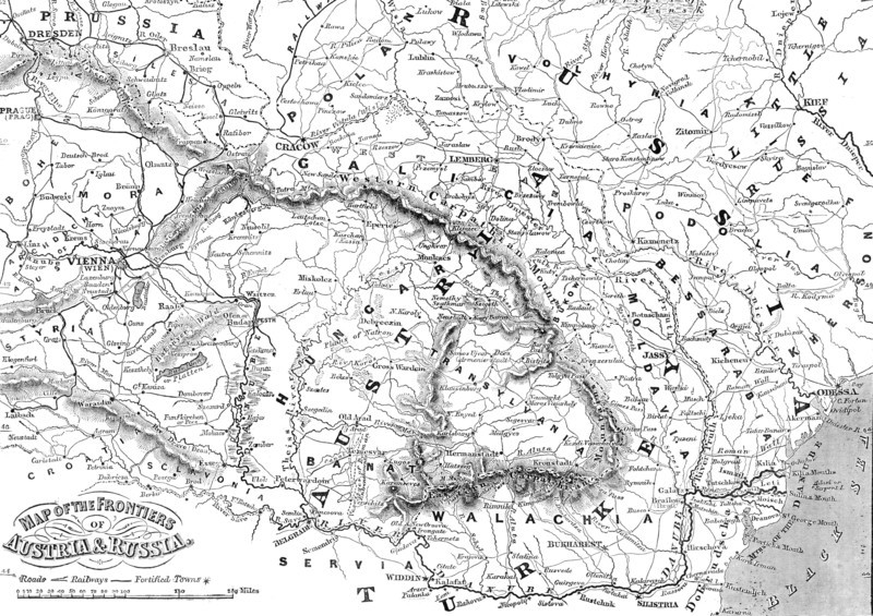 Map of the Frontiers of Austria & Russia, 1856.  Creator: Unknown.