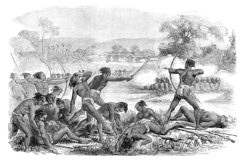 Attack by 600 Santhals upon a party of 50 Sepoys, 40th Regiment Native Infantry, 1856.  Creator: Unknown.