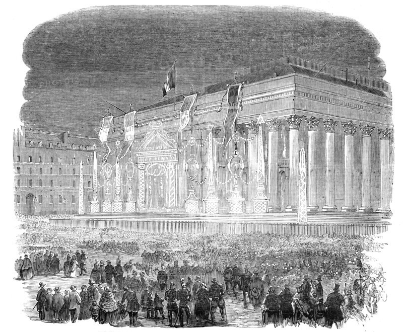 Illumination of the Bourse, at Paris, in Honour of the Birth of the Prince Imperial, 1856.  Creator: Unknown.