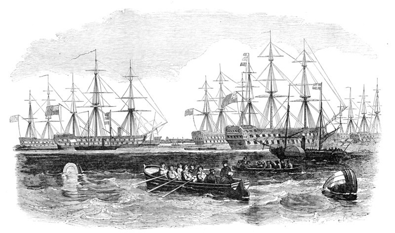 The Grand Naval Review, at Spithead: The Fleet from the South - sketched by J. W. Carmichael, 1856.  Creator: Unknown.