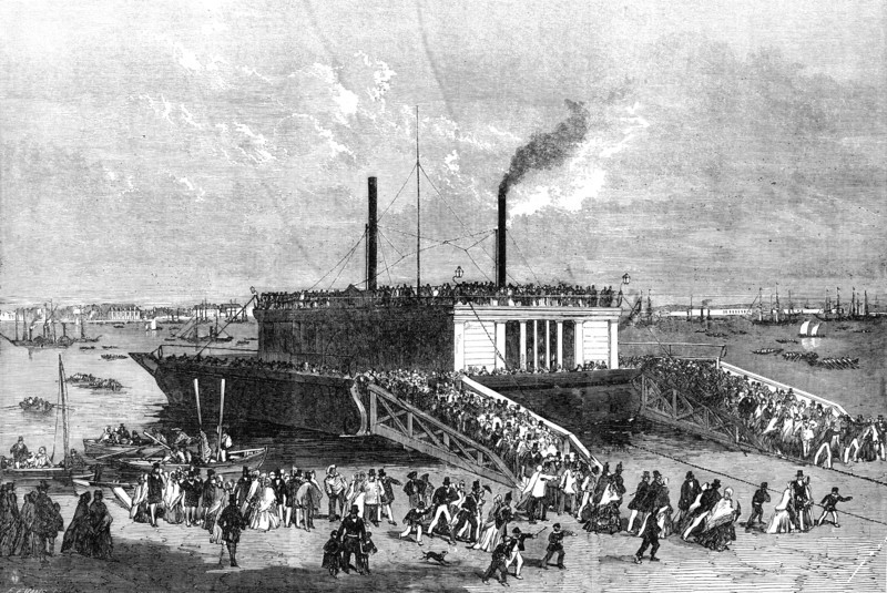 The Grand Naval Review, at Spithead: Excursionists on the Floating-Bridge at Portsmouth, 1856.  Creator: Edmund Evans.