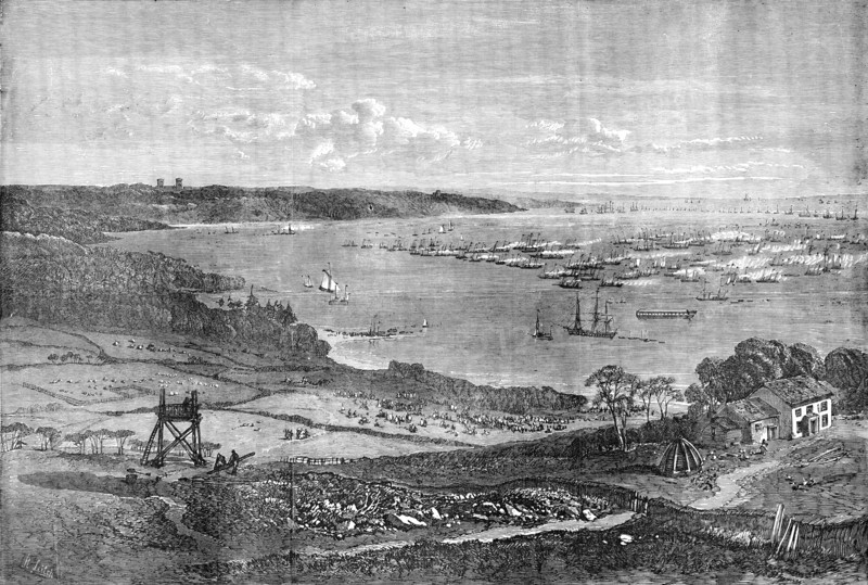 The Naval Review: the Flotilla of Gun-Boats off the Motherbank - drawn by R. Leitch, 1856.  Creator: Unknown.