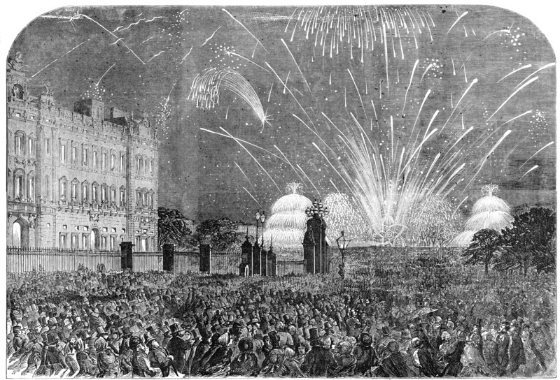 The Peace Commemoration: the Fireworks, sketched from the Mall, in St. James's Park, 1856.  Creator: Unknown.