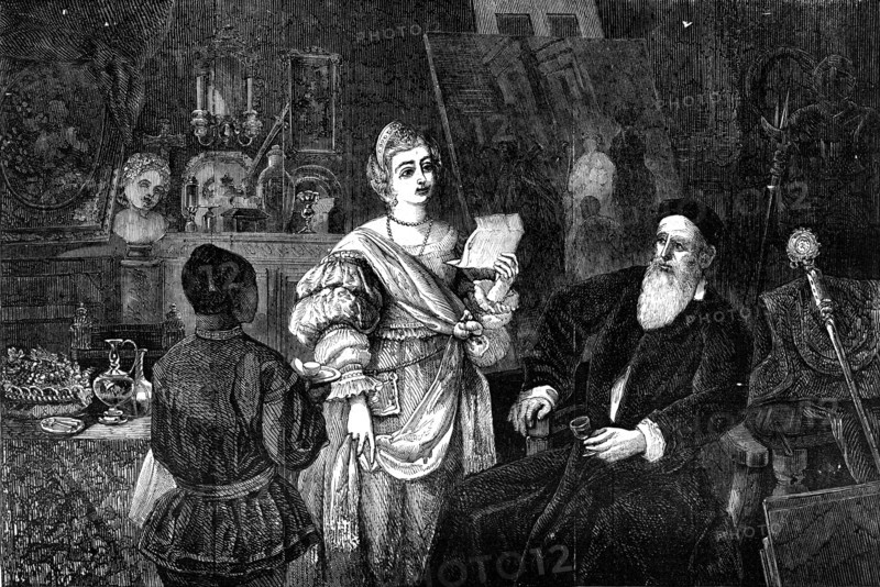 Titian and his God-Daughter - a Sonnet from Peter Aretin - painted by W. H. Kearney - from the Exh Creator: Unknown.