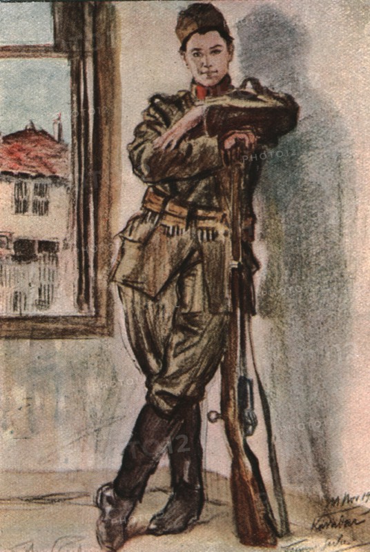 'En Macedoine; Slavka Tomitch, sergent, femme serbe mobilisee', 1916. Creator: Almery Lobel Riche.